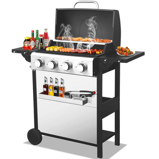 4 Burner Propane Gas Grill with Side Burner, 34200 BTU Outdoor Grill with Wheels, Stainless Steel Gas Grill