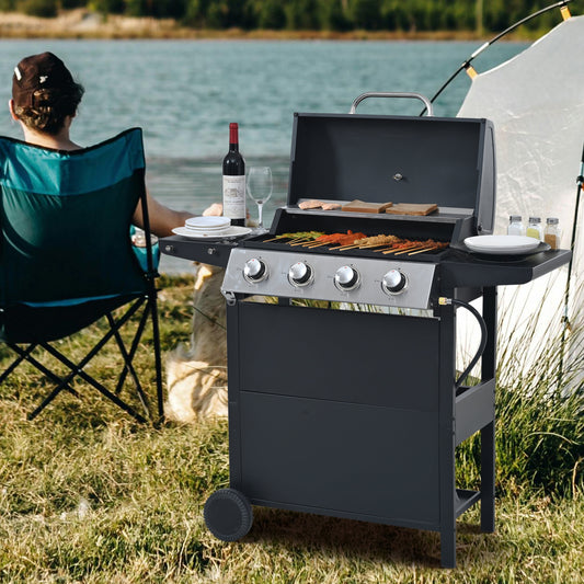 4 Burner Stainless Steel Propane Gas Grill, Barbecue Gas Grill with Side Table and Thermometer, 34000BTU Outdoor BBQ Camping Grill