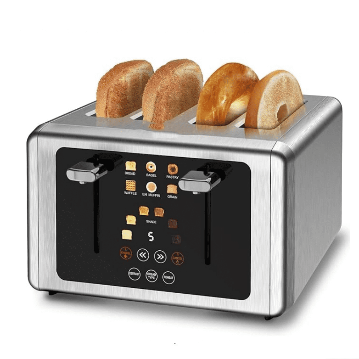 4 Slice Touch Screen Toaster, Stainless Steel Toasters Digital Timer, Dual Control Panel Toasters?6 Shade Settings?6 Bread Types, Smart Wide Slots, Bagel, Cancel, Defrost,Flat lever Stainless