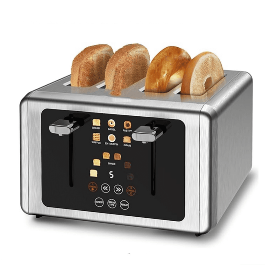 4 Slice Touch Screen Toaster, Stainless Steel Toasters Digital Timer, Dual Control Panel Toasters?6 Shade Settings?6 Bread Types, Smart Wide Slots, Bagel, Cancel, Defrost,Flat lever Stainless