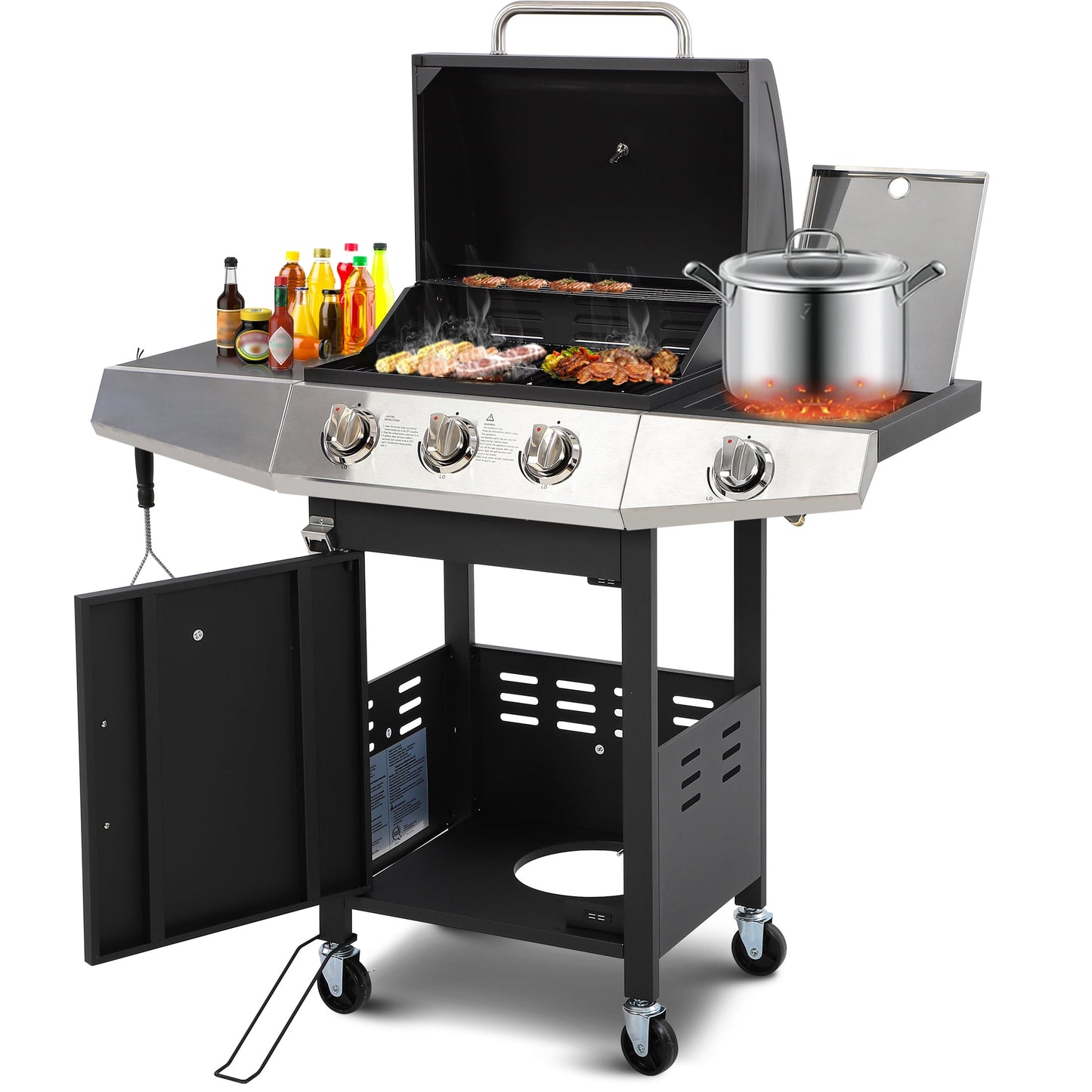 40000BTU Gas Grill, 3-Burner Grill with Built-in Thermometer, Stainless Steel Gas Grill for Outdoor Cooking