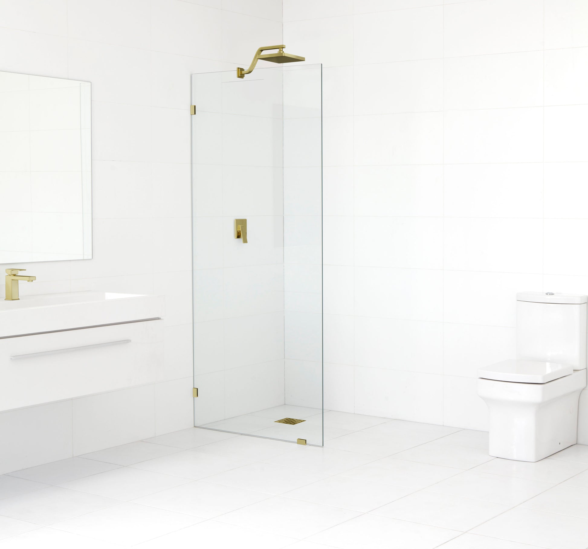 Glass Warehouse Vela Polished Brass 22-in W x 78.0-in H Frameless Clear Glass Fixed Shower door