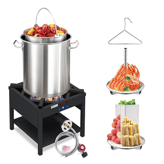 40QT Seafood Boiling Kit, 200,000BTU Propane Burner Stainless Steel Crawfish Boil Pot w/Basket and Steamer Rack, For Outdoors Cooking and Steaming, Large Turkey Fryer Pot, Lobster Shrimp Pot