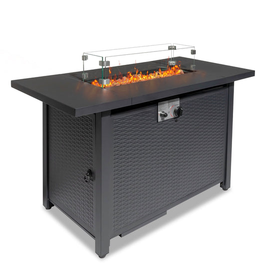 43" Propane Fire Pit with Wind Guard, 50,000 BTU 2 in 1 Auto-Ignition Rectangular Natural Fire Pits Table w/ Volcanic Stone and Steel Lid for Outside, Porch, Patio