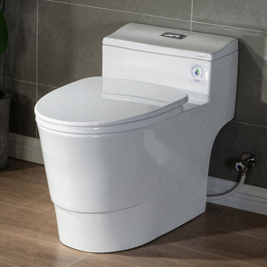 Woodbridge B0735 White with Polished Chrome Button Elongated Standard height 12-in Rough-In WaterSense 1.6 GPF Dual Flush Soft Close 1-piece Toilet