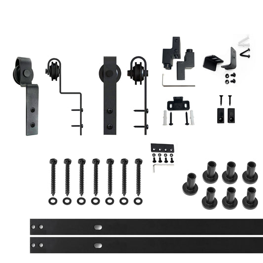 HOMACER 108-in Rustic Black Indoor J-strap Double Bypass Barn Door Hardware Kit YT5TGH108M