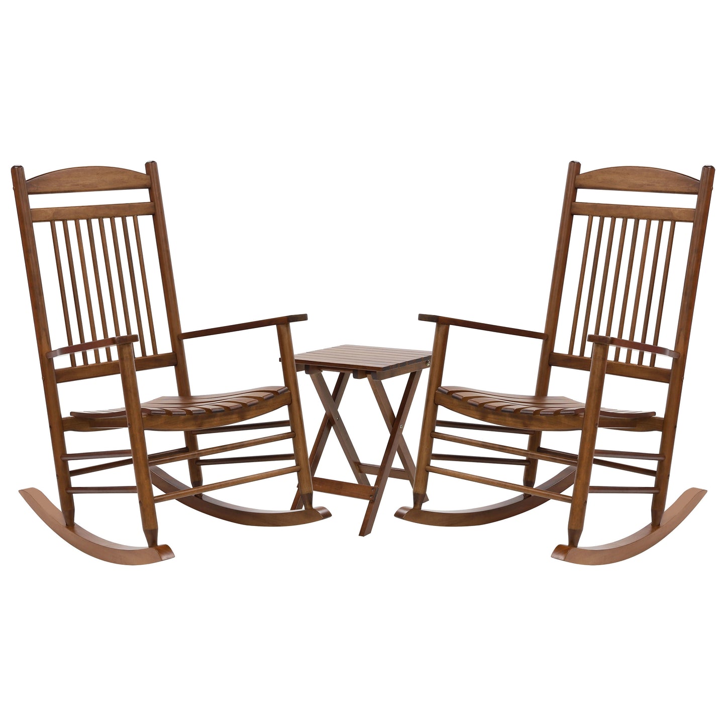 VEIKOUS 3-Piece Set of 2 Teak Wood Frame Rocker Rocking Chair with Brown Slat Seat