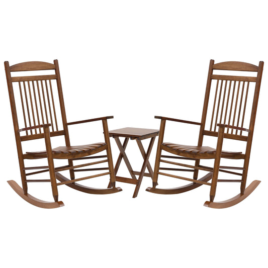 VEIKOUS 3-Piece Set of 2 Teak Wood Frame Rocker Rocking Chair with Brown Slat Seat