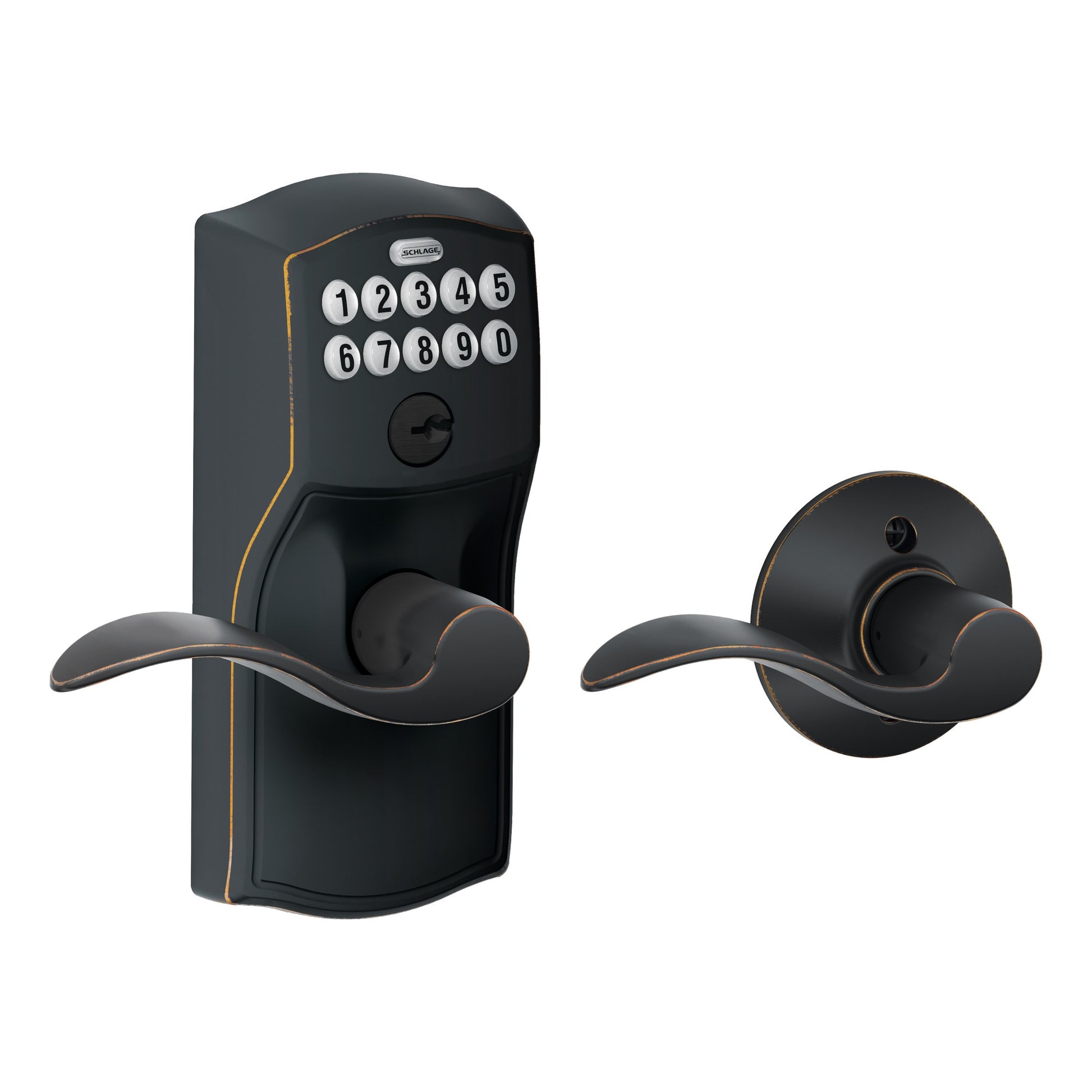 Schlage Customizable Keying Camelot-Accent Aged Bronze Electronic Handle with Keypad FE575 CAM 716 ACC G