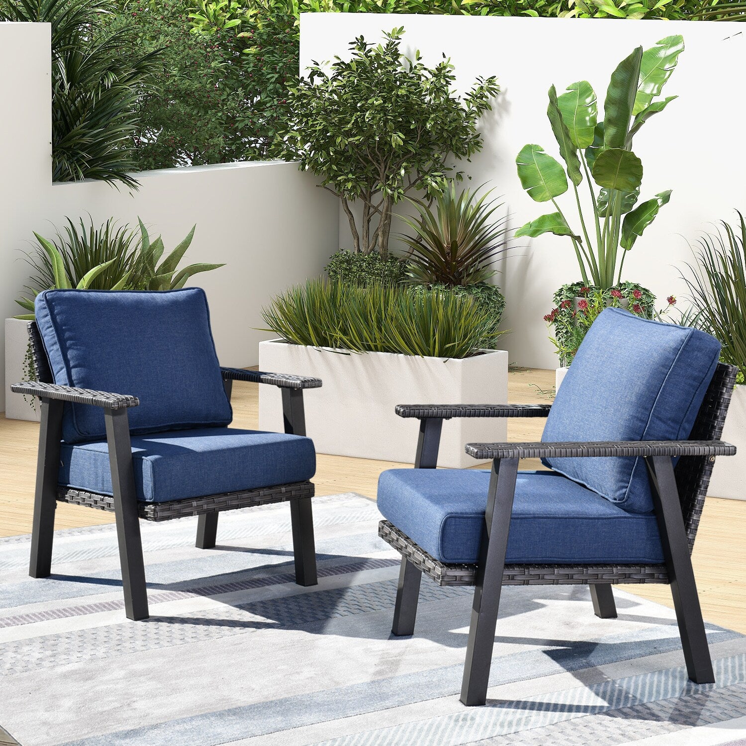 XIZZI Pisces Set of 2 Wicker Gray Iron Frame Stationary Conversation Chair with Blue Cushioned Seat