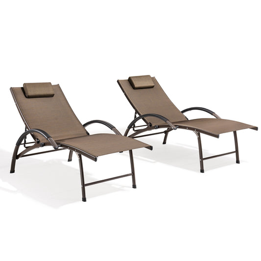 Crestlive Products 2 PCS Folding Patio Chaise Lounge Chairs Set of 2 Brwon Metal Frame Stationary Chaise Lounge Chair with Brown Texteline Sling Seat