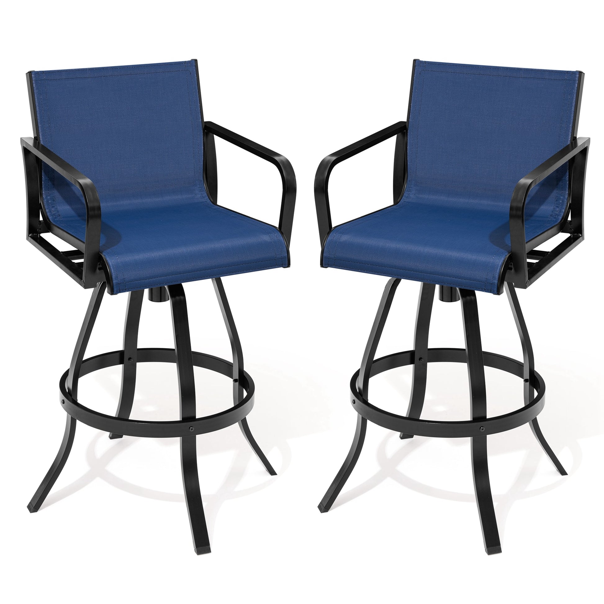 Crestlive Products Patio Teslin Seat bar stools Outdoor bar height stools Set of 2 Brwon Aluminum Frame Swivel Bar Stool Chair with Blue Texteline Mesh Seat