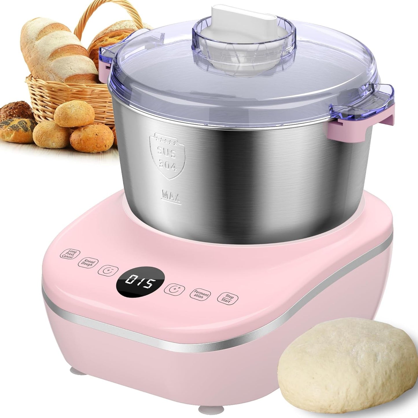 Electric Dough Mixer with Ferment Function, 7L(7.3QT) Dough Maker Machine with 304 Stainless Steel Bowl, Microcomputer Timing, Household Dough Kneading Machine for Pizza,Bread,Christmas Gift