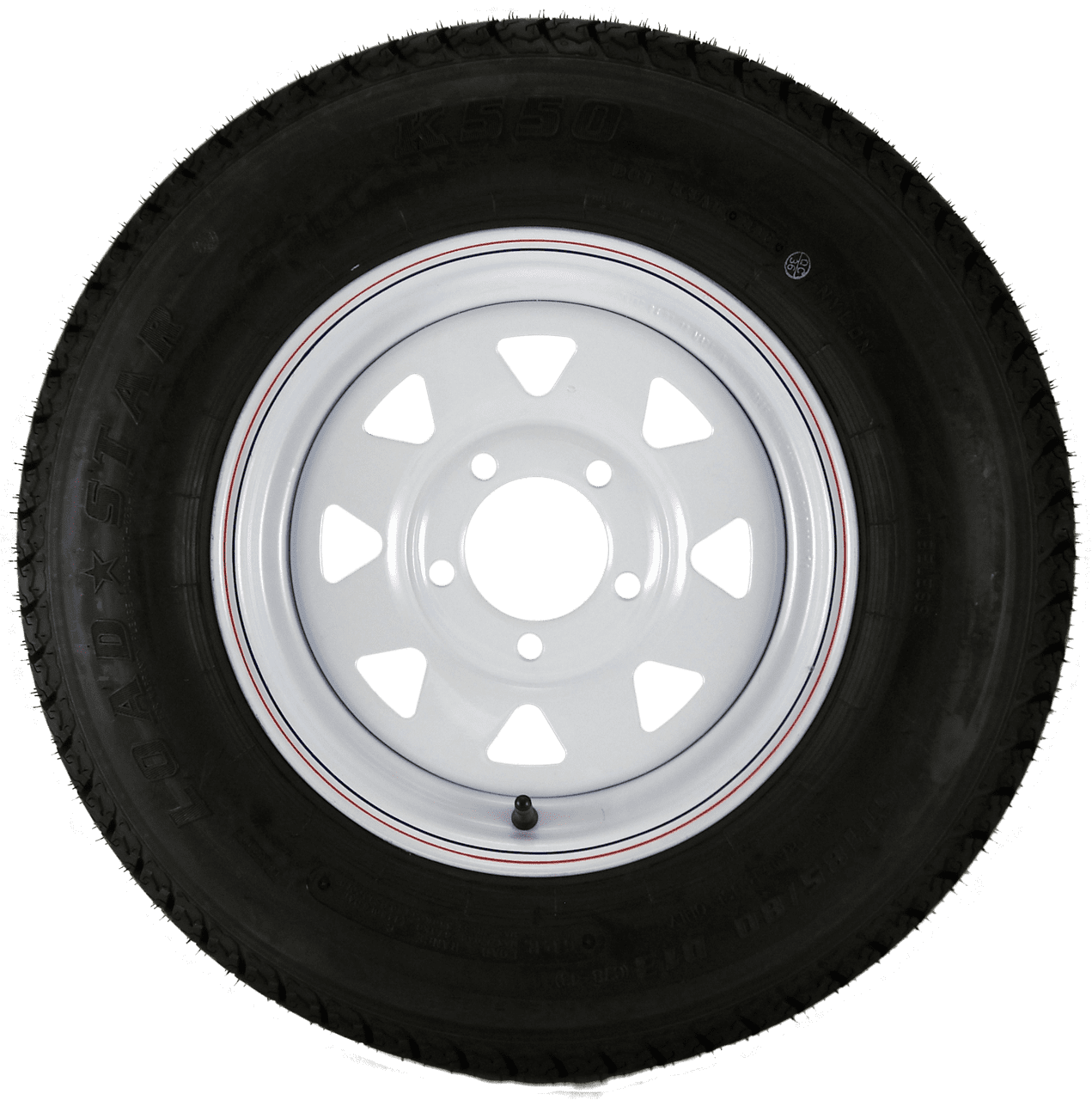 5.30X12 Loadstar Trailer Tire LRC on 5 Bolt White Spoke Wheel with Pin Striping