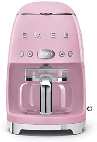 50's Retro Style Aesthetic Drip Coffee Machine with 10 Cup Glass Carafe, Auto Start Feature, Keep Warm Plate, and Two Coffee Strength Settings (Pink)