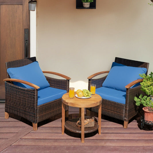 Clihome Patio Rattan Set 3-Piece Rattan Patio Conversation Set with Blue Polyester Cushions