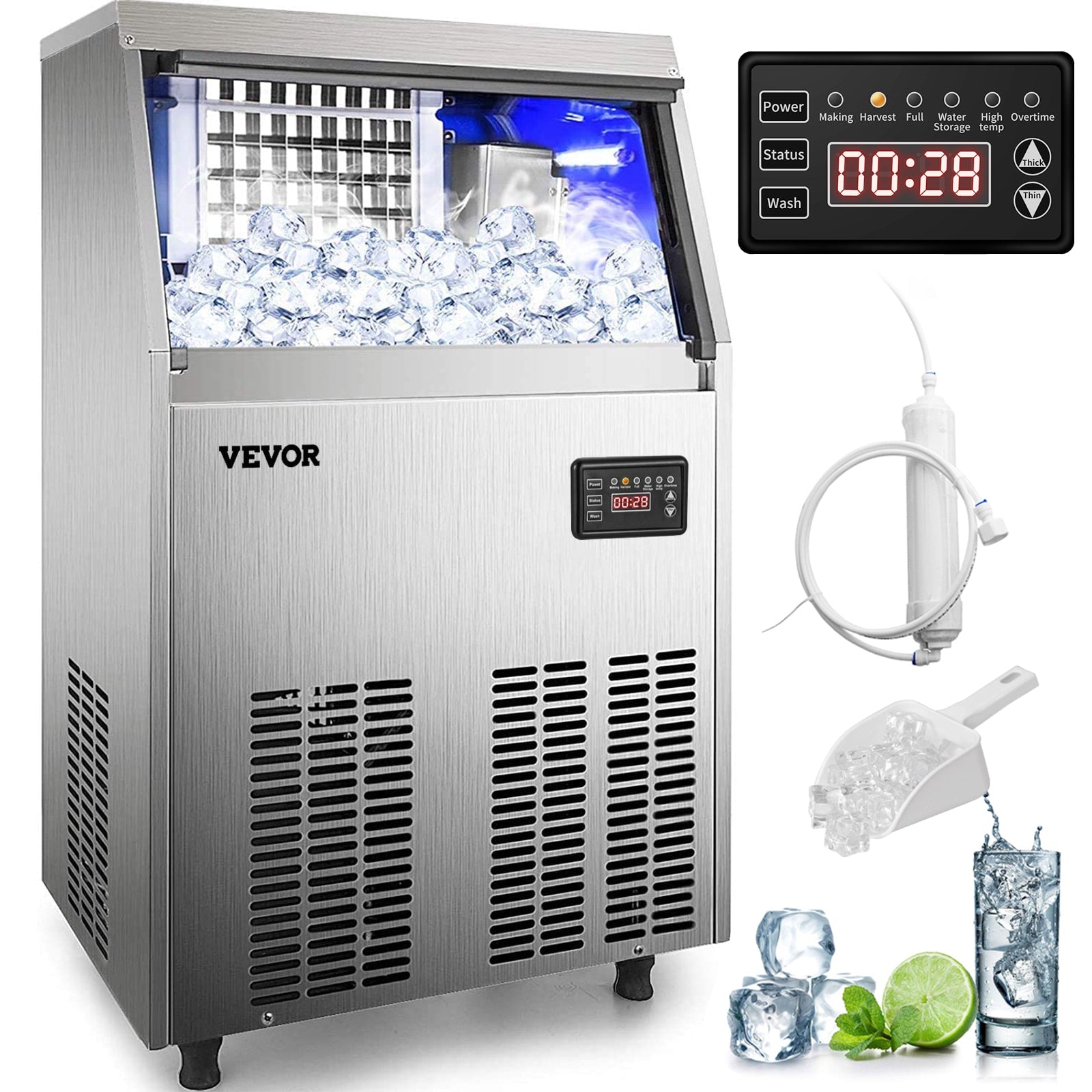 VEVOR 33 LBS Storage Ice Maker 110-lb Ice Per day Cubed Ice Maker ( 201 Stainless Steel )