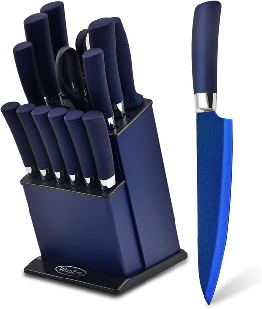 Knife Set, Kitchen Non Stick Knives Set with Block Thick Blade Cutlery Knife Block Sets with Sharpener 6pcs Steak Knife Shears Chef Sharp Quality Aluminum Alloy Block Blue Handle and Blade