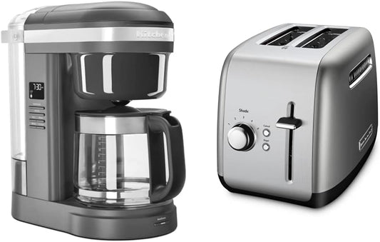 KitchenAid 12 Cup Coffee Maker with Spiral Showerhead (KCM1208DG) and 2 Slice Toaster for Bagels and More (KMT2115), Silver