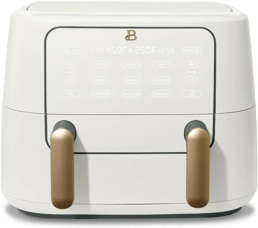 Beautiful 9QT TriZone Air Fryer, Dual Baskets or Single XL Basket, Sync Finish, Touch Display, 1700W, Roast, Bake, Broil, Dehydrate, Reheat, Dishwasher Safe, Drew Barrymore Design (White Icing)
