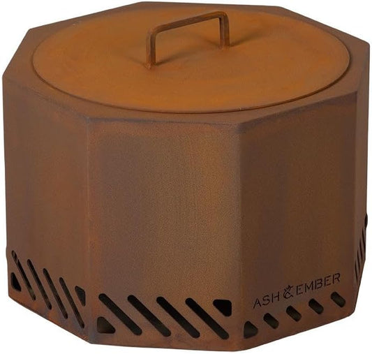 Ash & Ember 19.5" Corten Steel Dual Flame Smokeless Fire Pit with Lid, Ultra-Efficient Enclosed Airflow Design, Backyard Smokeless Outdoor Fire Pit, Will Patina Overtime