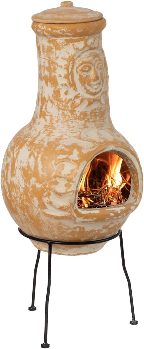 Outdoor Clay Chiminea Fireplace Sun Design Wood Burning Fire Pit with Sturdy Metal Stand Barbecue Cocktail Party Cozy Nights Fire Pit Terra Cotta