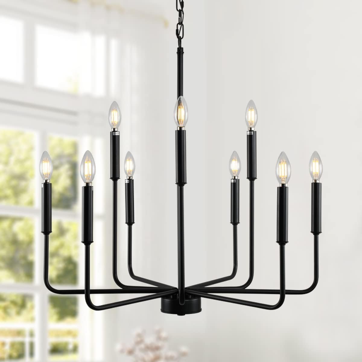 Black Chandeliers for Dining Room Light Fixture Over Table，Modern Farmhouse Chandeliers for Entryway，9-Lights Industrial Metal Candle Lighting Fixtures for Living Room Bedroom Kitchen Island Foyer