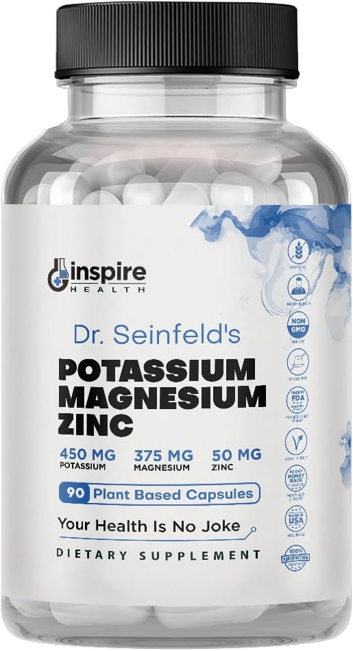 Magnesium Potassium Supplements w\/Zinc - 90 Capsules - Magnesium Potassium Zinc for Vascular Health \u2013 High Absorption Vegan Supplement for Leg Cramps & Sleep Dr Seinfeld