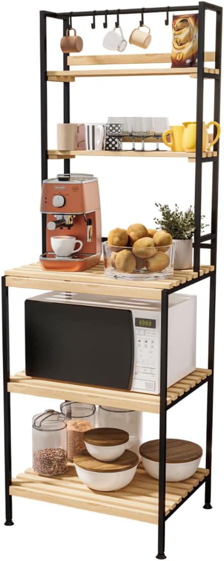 SUSSEXHOME 5-Tier Wooden Kitchen Storage Cabinet – Natural Wood Microwave Stand with Mug Hooks, Coffee Bar Organizer Shelf, Rustic Countertop Pantry Rack