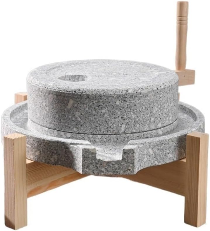 UYDZHEK Handmade Natural Stone Mill, Manual Soy Milk & Grain Grinder, Retro Non-Electric Millstone with Solid Wood Base, Home Kitchen Mill for Wheat, Berry, Rice, Bean(35cm)