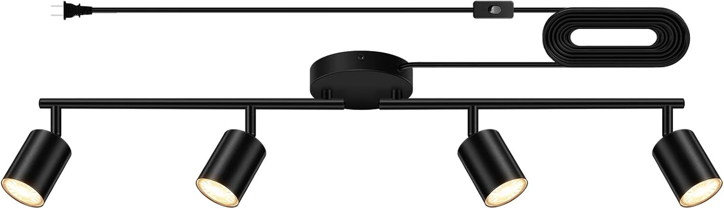 Plug in Track Lighting LED, Track Lighting Fixtures Ceiling, Black 4-Light Kitchen Light Kit, Plug in Wall Light with 14.8ft Power Cord, Rotatable Ceiling Spotlight for Bedroom(GU10 Socket, NO Bulb)