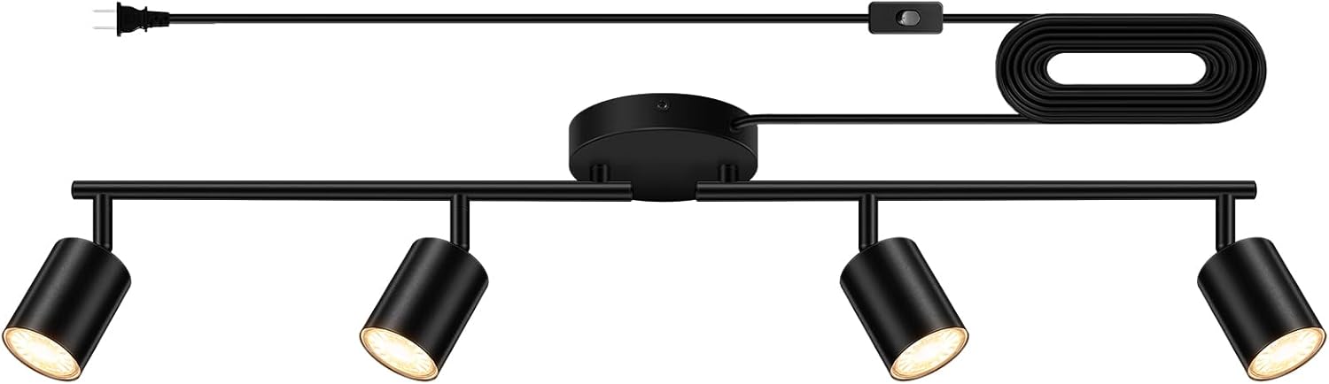 Plug in Track Lighting LED, Track Lighting Fixtures Ceiling, Black 4-Light Kitchen Light Kit, Plug in Wall Light with 14.8ft Power Cord, Rotatable Ceiling Spotlight for Bedroom(GU10 Socket, NO Bulb)