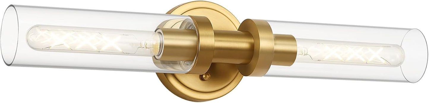 SANTOSTOCK Brushed Gold Bathroom Vanity Light Fixture, 2-Light Modern Wall Sconce Lighting W\/Clear Glass, Brass Wall Mount Lamp for Mirror Hallway Kitchen Living Room, E26 T10 Bulbs(Excluded)