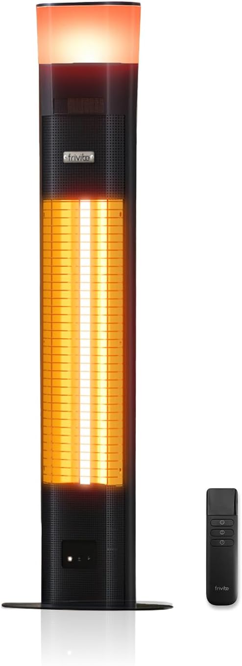 Outdoor Electric Patio Heater, Built-in Speaker & RGB Mood Light, 43 inch, 1500W Infrared Tower Heater with 5-Heat Levels, IP65 Waterproof, 24H Timer, Aluminum Unibody, For Garage, Bedroom, Deck Use