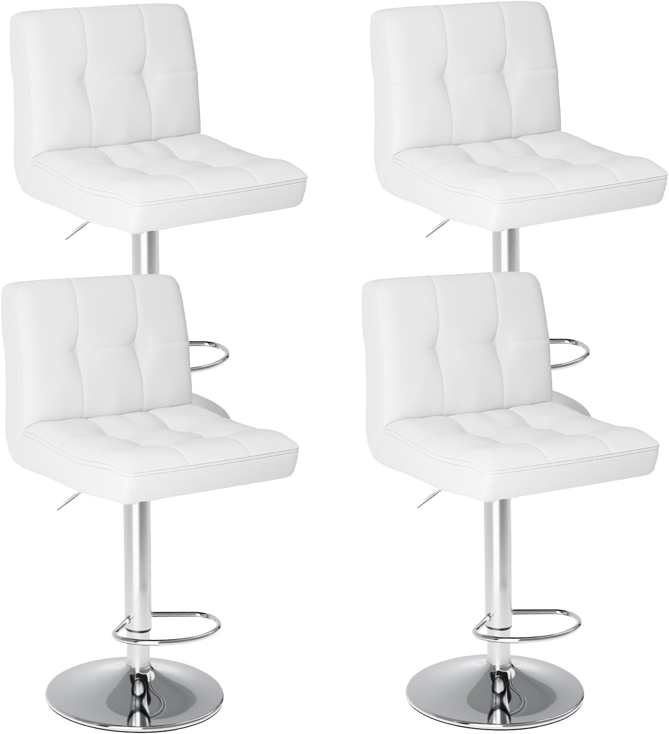 Sweetcrispy Bar Stools Set of 4, Armless PU Leather Adjustable Swivel Barstools, Hydraulic Kitchen Counter Height Thickened Seat Cushion Square Island Countertop Chairs with Back - Modern White