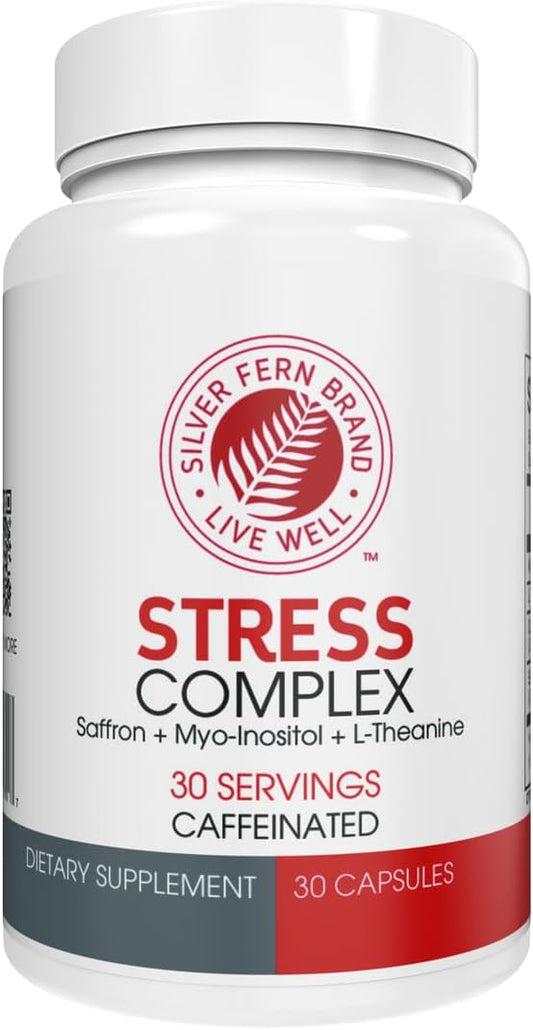 Silver Fern Stress Complex Supplement - with Caffeine - Sleep, Worry, Mood & More - with Saffron Supplements, L-Theanine Supplement, and Myo-inositol - Natural Stress Relief Supplements - 30 Servings