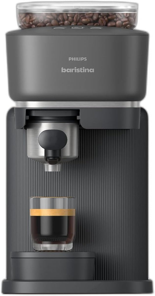 Philips Baristina Espresso Machine, Grind, Tamp & Brew Coffee Beans in One Swipe, Compact, 16 Bar Pump Pressure, Automatic Grinder, Black with Black Portafilter (BAR300\/60)