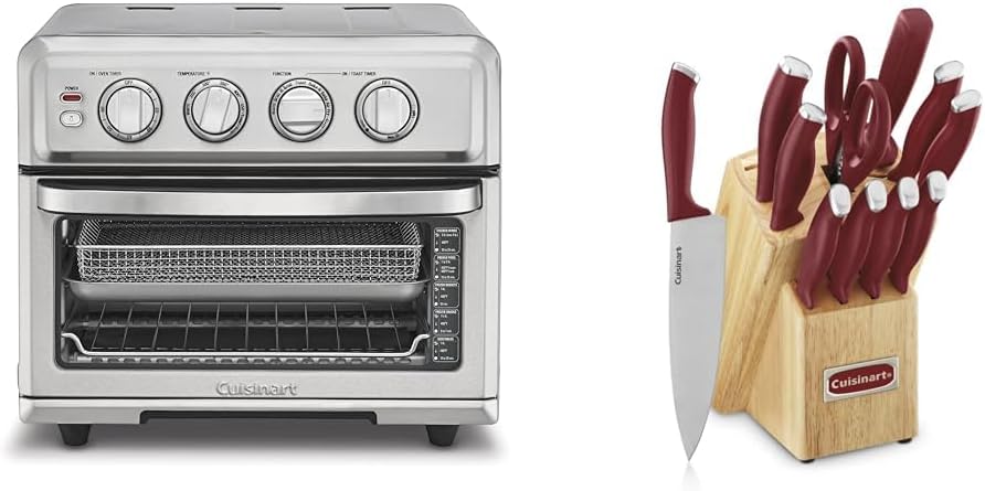 Cuisinart Air Fryer + Convection Toaster Oven, 8-1 Oven with Bake, Grill, Broil & Warm Options, Stainless Steel, TOA-70 & C77SSR-12P Color Pro Collection 12 Piece Knife Block Set, Red