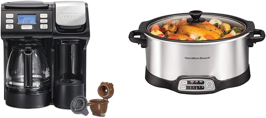 Hamilton Beach FlexBrew Trio 2-Way Coffee Maker, Compatible with K-Cup Pods or Grounds & 33662 Programmable Slow Cooker with 6 Quart Stovetop-Safe Sear & Cook Crock, Silver