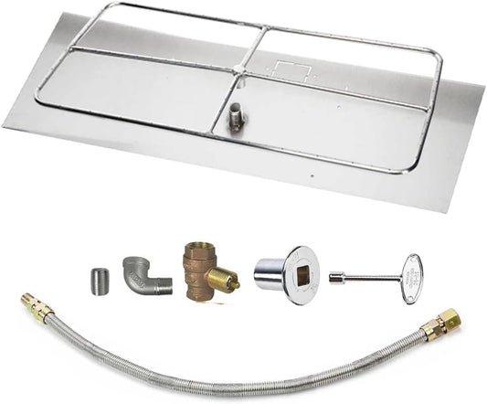 HPC Rectangle Match Lit Fire Pit Burner Kit (FPSR48X24HCKIT-NG-MSCB) with 48x24-Inch Stainless Steel Burner, Natural Gas, Polished Chrome, with Flange, Key, Valve, Flex Line and Fittings