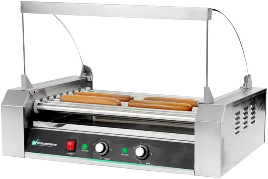 Restaurantware Hi Tek Hot Dog Spinner 1 Curved Glass Sneeze Guard Hot Dog Cooker - Dual Temperature Controls Removable Drip Tray Stainless Steel Hot Dog Roller No-Slip Feet Fits 24 Hot Dogs