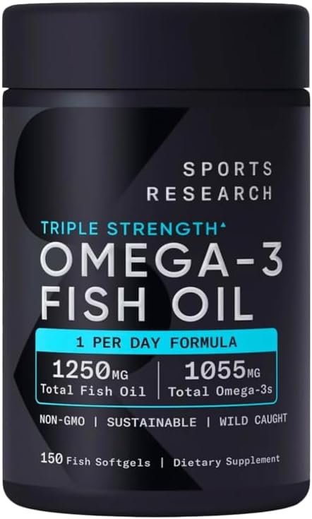 Sports Triple Strength Omega-3 Fish Oil, 150 Fish Softgels - 1250mg Total Fish Oil 150 ct - one Capsule a Day - Burp-Less