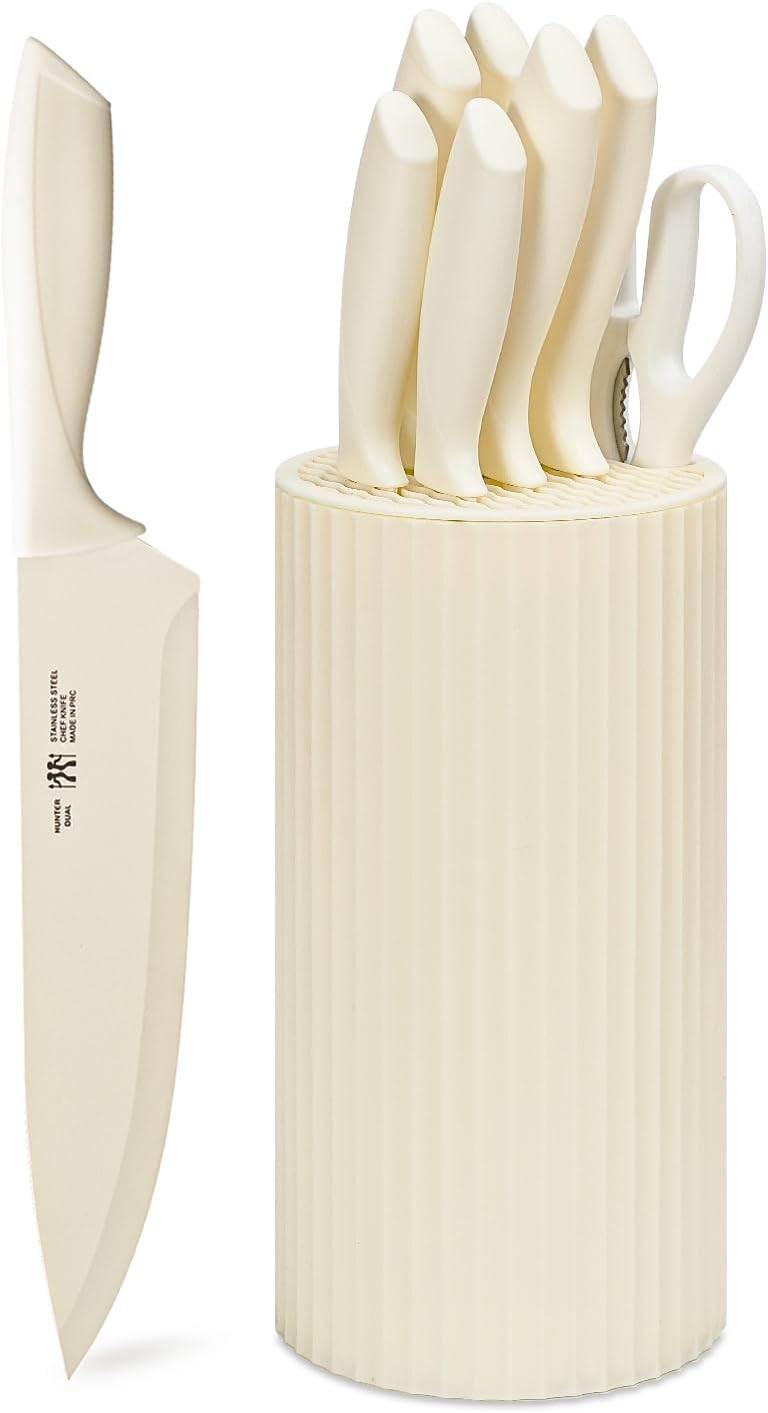 HUNTER.DUAL Knife Set, 8-Piece Kitchen Knife Set for Chef, Sharp Knife Set with Universal Knife Block, Anti-Rust Kitchen Knife Block Set, Ergonomical Design (White)