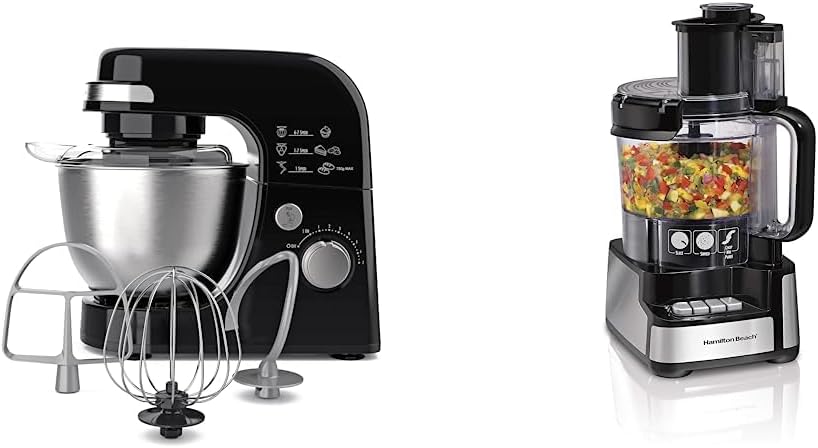 Hamilton Beach Electric Stand Mixer, 4 Quarts, Dough Hook, Black & Stack & Snap Food Processor and Vegetable Chopper, BPA Free, Stainless Steel Blades, 12 Cup Bowl, 2-Speed 450 Watt Motor, Black