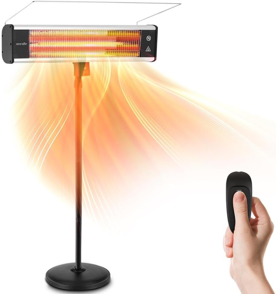 SereneLife Infrared Patio Heater, Electric Patio Heater for Indoor\/Outdoor Use, Portable Stand Heater with Remote Control, 1500 W, for Restaurant, Patio, Backyard, Garage, Decks (Black)