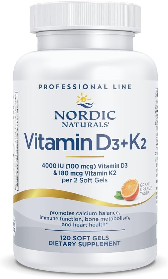 Nordic Naturals Professional Grade Vitamin D3+K2 Supplement, Orange Flavor - 60 Soft Gels - 4000 IU Vitamin D3 & 180 mcg K2- Promotes Calcium Balance & Immune Function - Non-GMO - 30 Servings