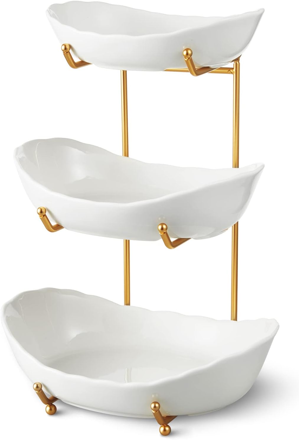 HOMKULA Ceramic Fruit Bowl for Kitchen Counter - 3 Tier Fruit Basket with Metal Stand, Tiered Fruit Stand for Countertop, Snack, Nuts, Cake, Dessert, Small & Cute (Gold)