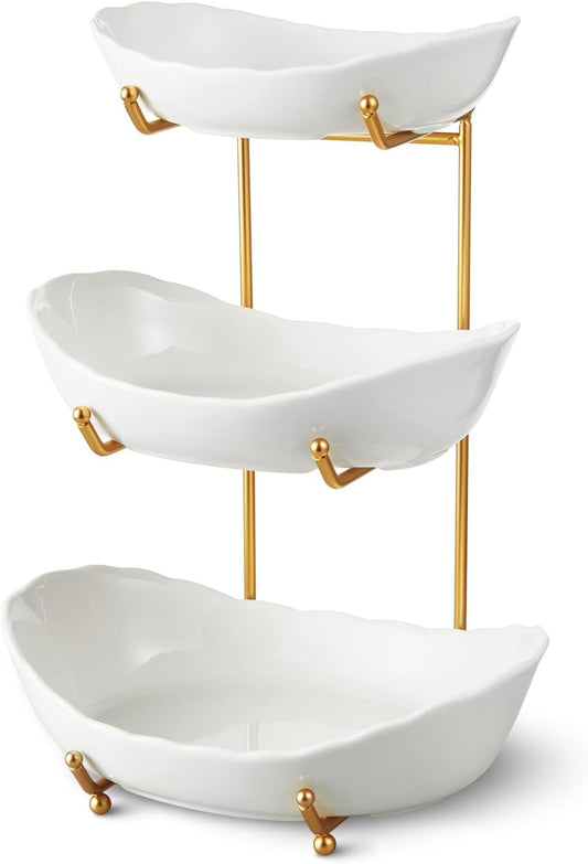 HOMKULA Ceramic Fruit Bowl for Kitchen Counter - 3 Tier Fruit Basket with Metal Stand, Tiered Fruit Stand for Countertop, Snack, Nuts, Cake, Dessert, Small & Cute (Gold)