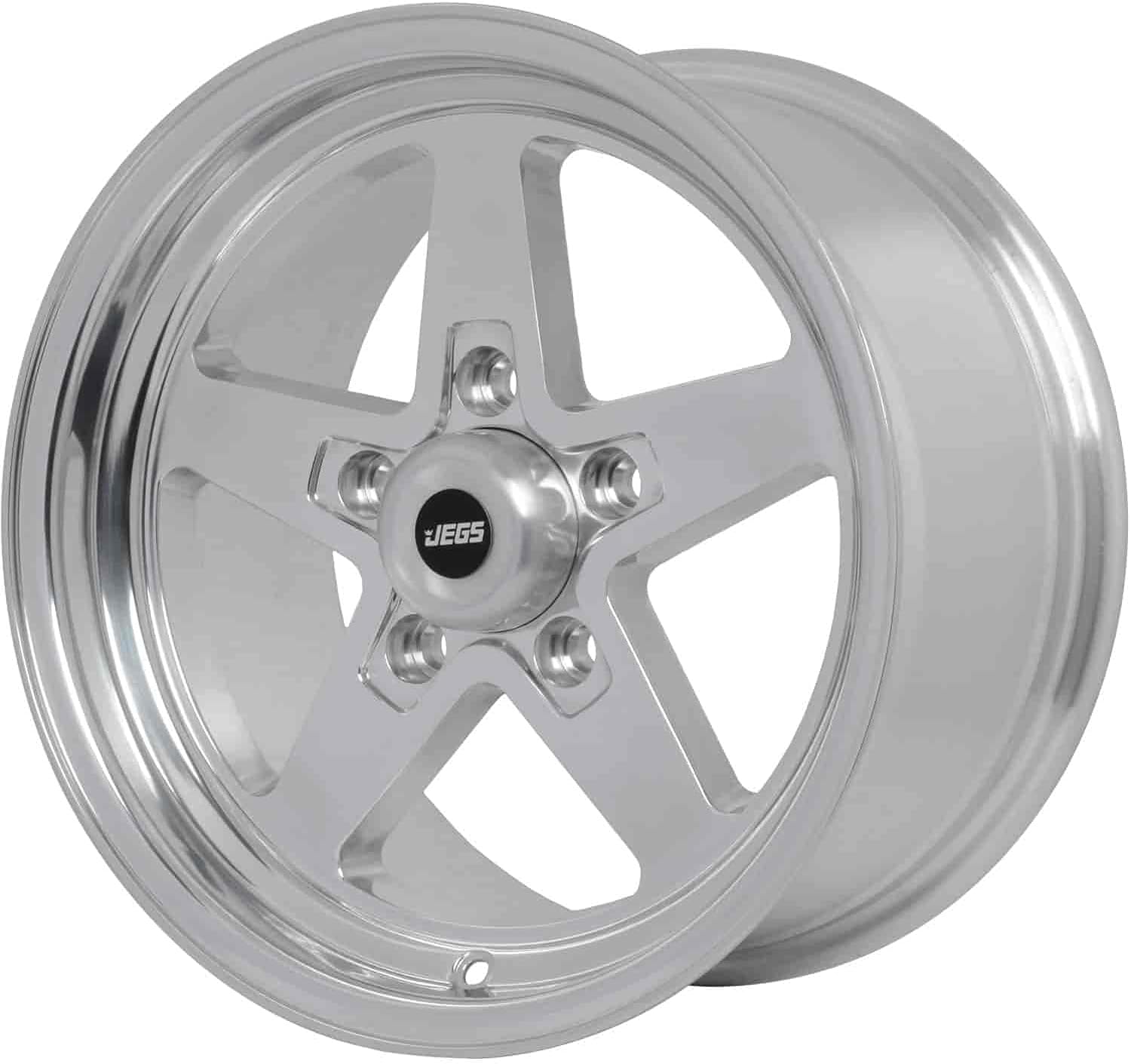 JEGS SSR Star Aluminum Wheel | 15” x 8” | 5 x 4.75” Wheel Bolt Pattern Spacing | 27 mm Offset | 5.5” Backspacing | Polished | 3.27” Center Bore | Includes Center Cap