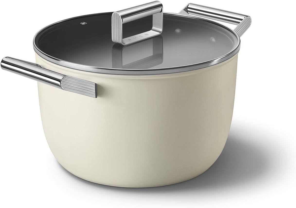 Smeg CKFC2611CRM Casserole Pan 26cm and Lid Cream, Non-Stick, Aluminium, Patented Base